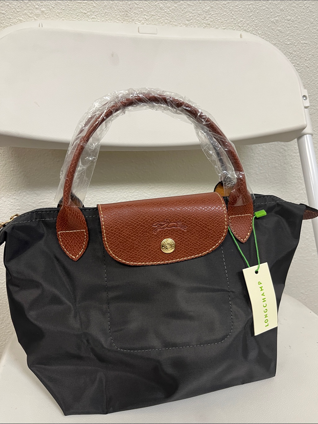 Longchamp Small Tote In Fusil Gris With Brown Trim(119